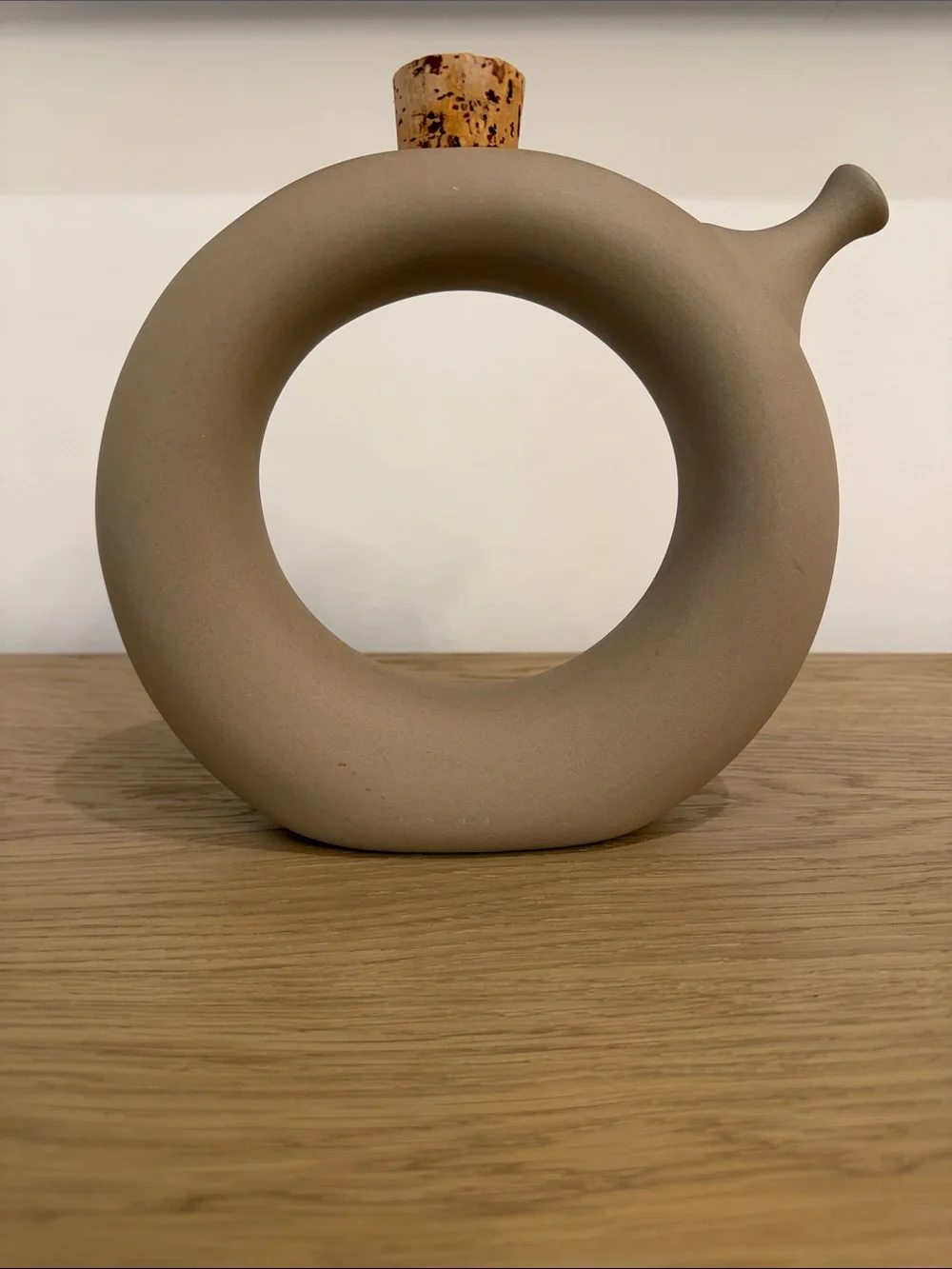 Modern Donut-Shaped Ceramic Vase in Matte Taupe With Cork & Spout